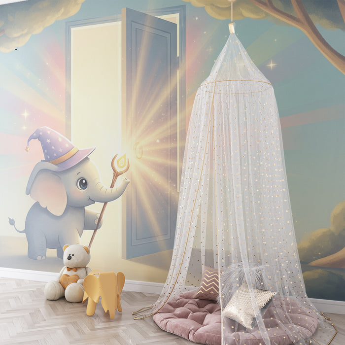 Nursery room wallpaper | Magical elephant in front of a bright door