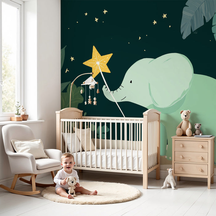 Tapety dla dzieci | Magiczny słon pod gwiazdami z tropikalną roślinnością