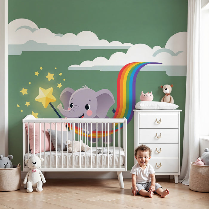 Tapet pentru camera copilului | Elefant magic pe curcubeu cu stele sclipitoare