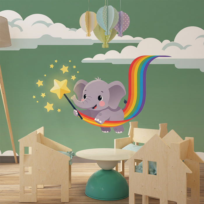 Tapet pentru camera copilului | Elefant magic pe curcubeu cu stele sclipitoare