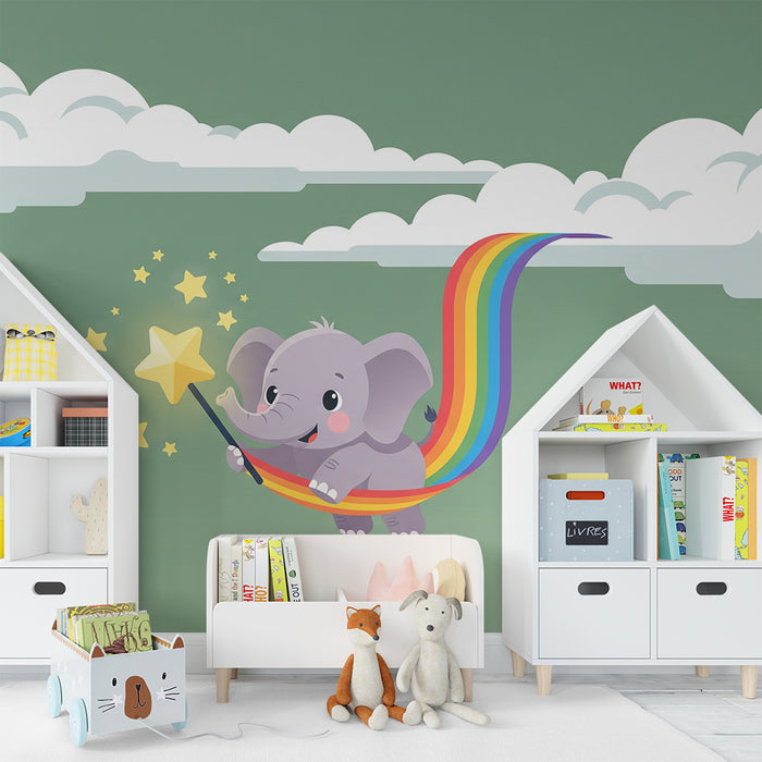 Tapet pentru camera copilului | Elefant magic pe curcubeu cu stele sclipitoare