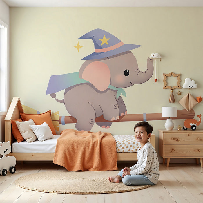Papel de parede quarto bebê | Elefante mágico em uma vassoura com um chapéu de feiticeiro