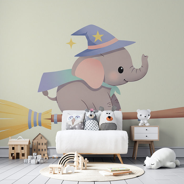 Papel de parede quarto bebê | Elefante mágico em uma vassoura com um chapéu de feiticeiro