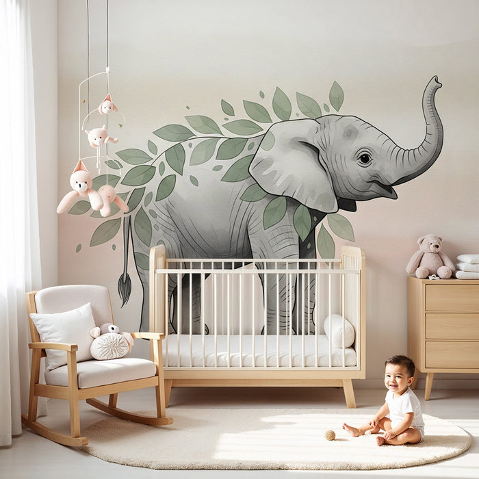 Papel de parede quarto bebê | Majestoso elefante e folhagem calmante