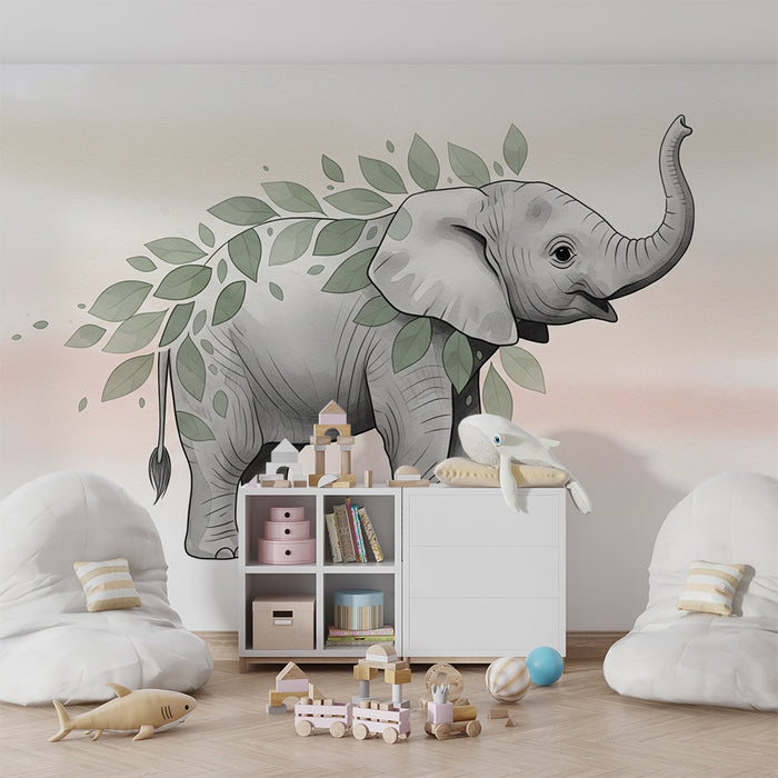 Papel de parede quarto bebê | Majestoso elefante e folhagem calmante