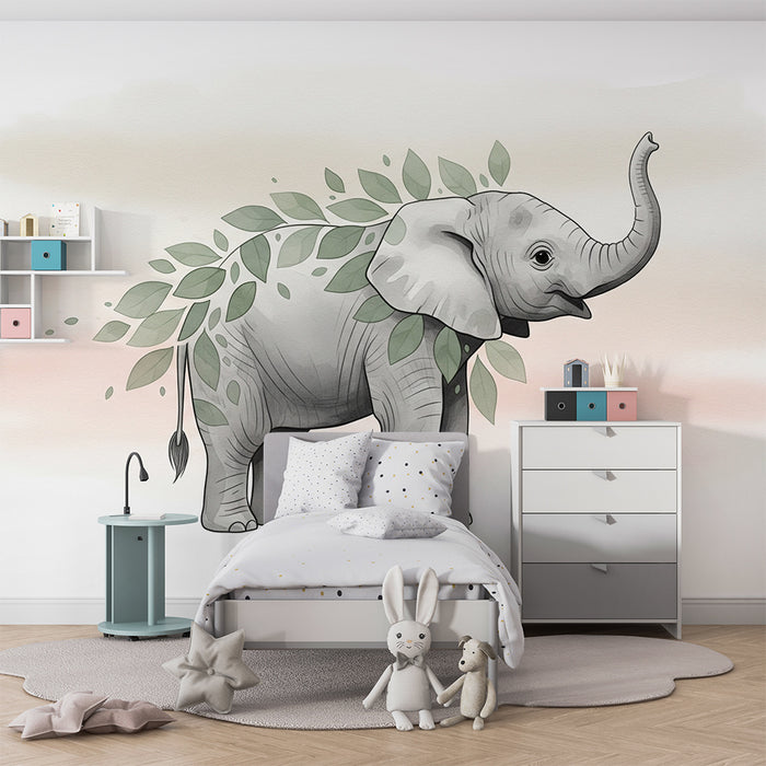 Papel de parede quarto bebê | Majestoso elefante e folhagem calmante
