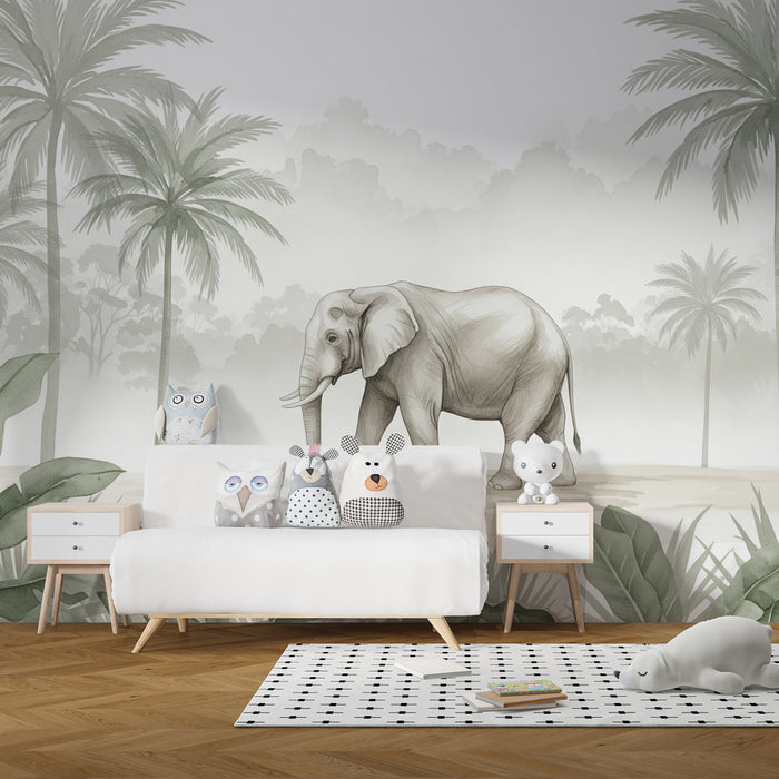 Papier peint chambre bébé | Éléphant majestueux et jungle apaisante
