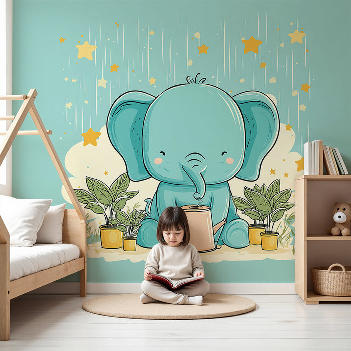 Tapet barnerom | Søt elefant vanner planter under stjernene
