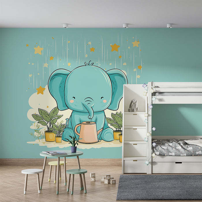 Tapet barnerom | Søt elefant vanner planter under stjernene