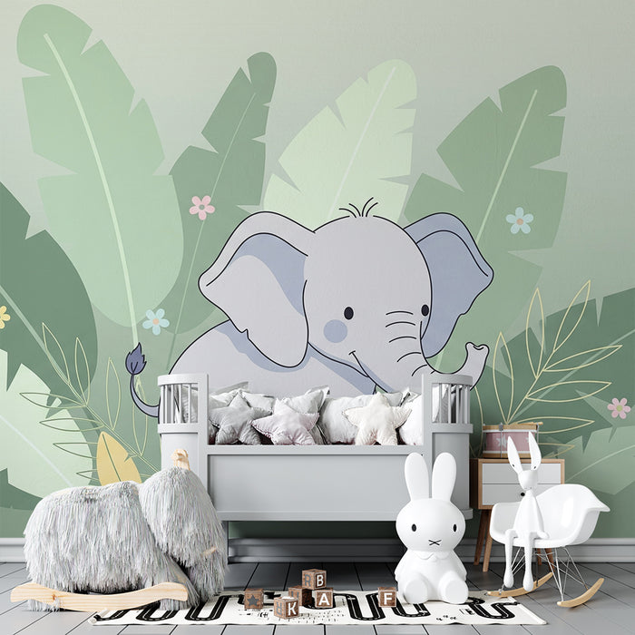 Tapet barnerom | Søt elefant midt i tropiske blader