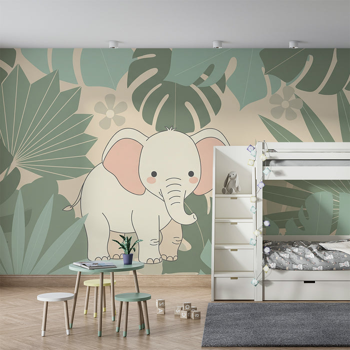 Tapet barnerom | Søt elefant midt i tropiske blader