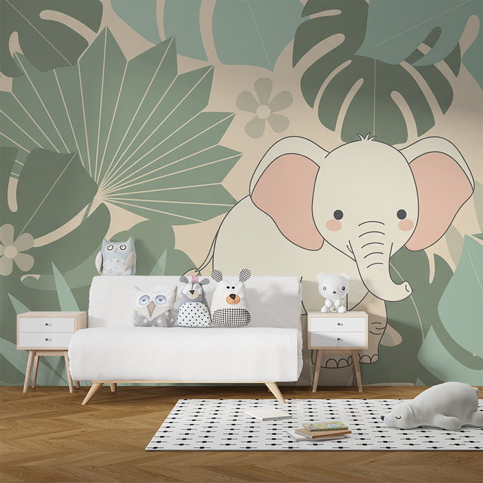 Tapet barnerom | Søt elefant midt i tropiske blader