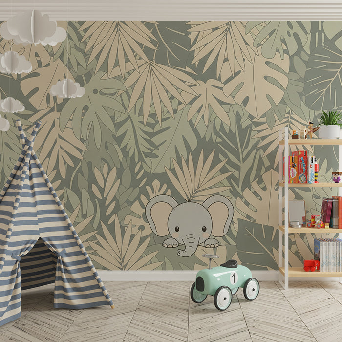 Barntapet | Söt elefant mitt i tropiska blad