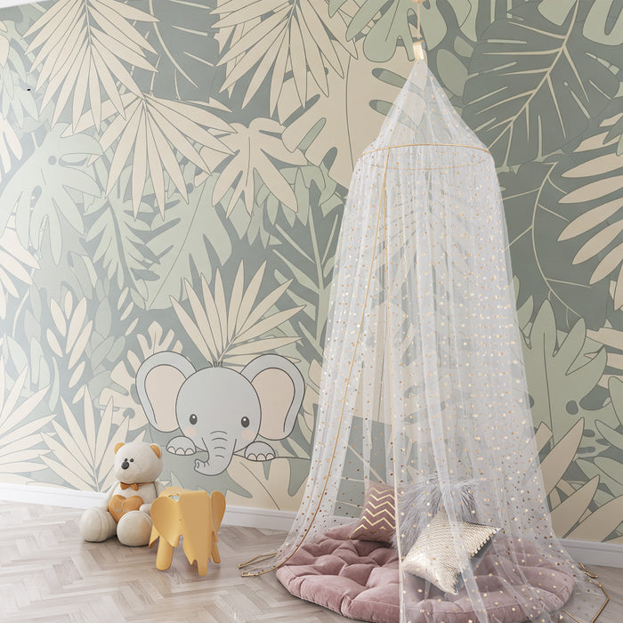 Barntapet | Söt elefant mitt i tropiska blad