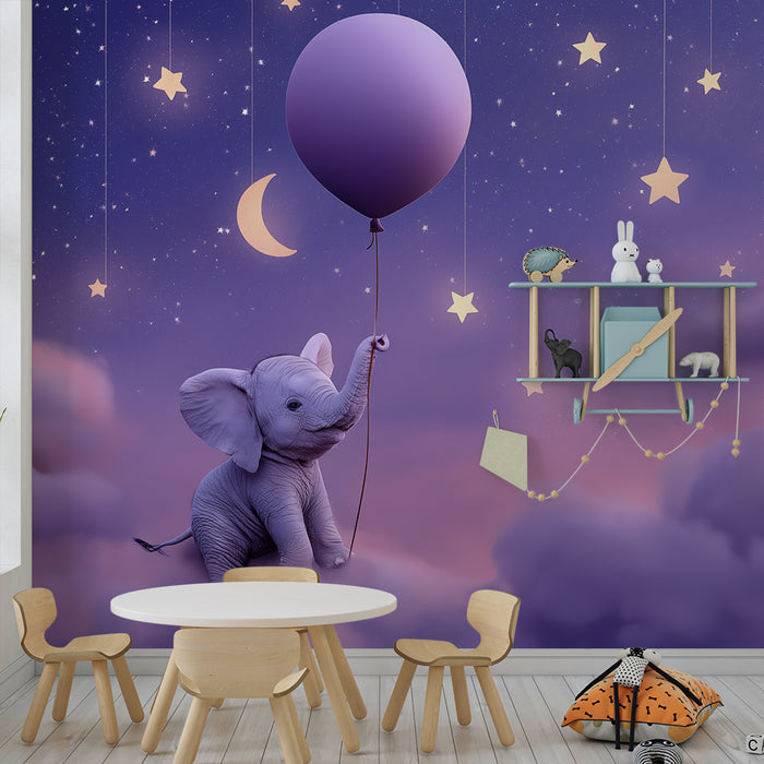 Nursery room wallpaper | Cute elephant with balloon under a starry sky