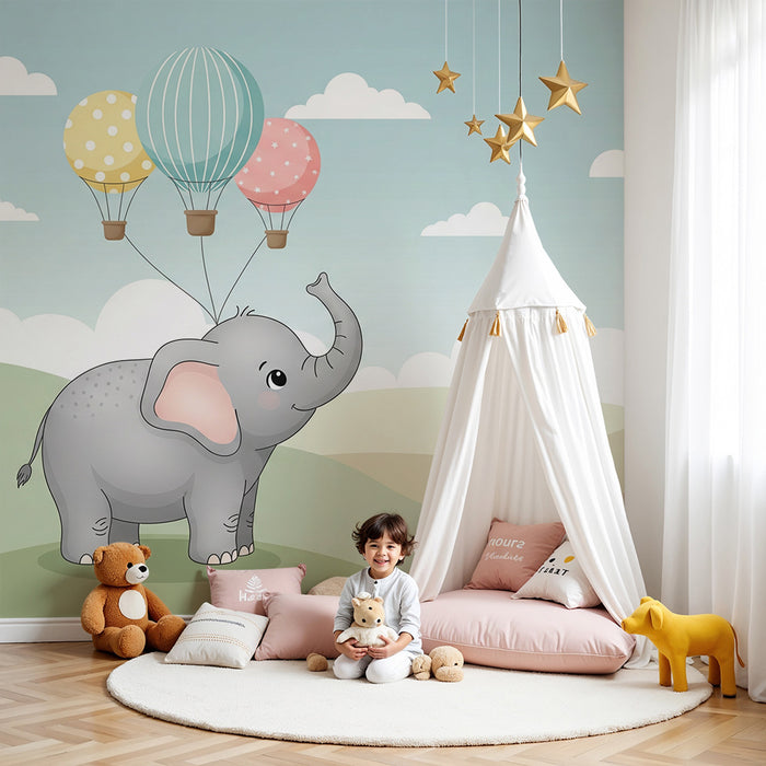 Papier peint chambre bébé | Éléphant mignon avec ballons dans un ciel apaisant