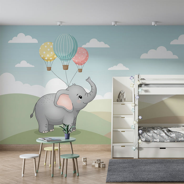 Papier peint chambre bébé | Éléphant mignon avec ballons dans un ciel apaisant