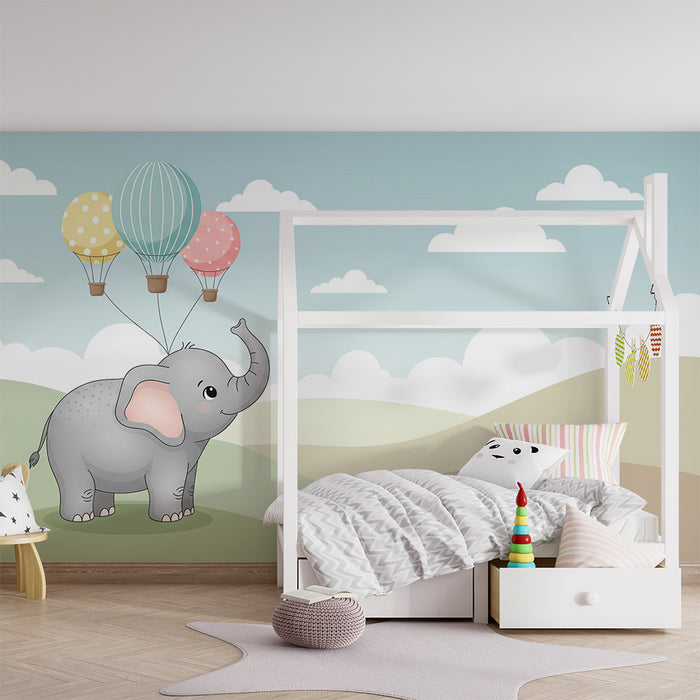 Papier peint chambre bébé | Éléphant mignon avec ballons dans un ciel apaisant