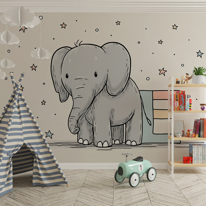 Tapeta dětského pokoje | Roztomilý slon s hvězdami a barevným písmenem E