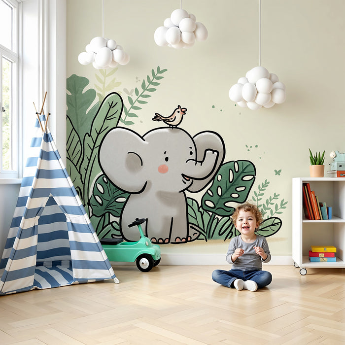 Barntapet | Söt elefant med en fågel mot en bakgrund av tropiska löv