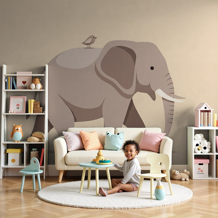 Carta da parati bambini | Elefante carino con un piccolo uccello