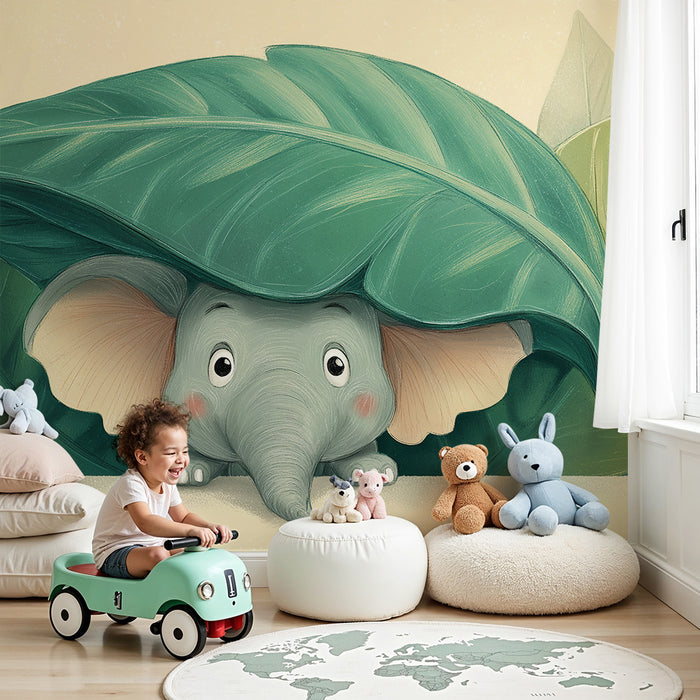 Nursery room wallpaper | Cute elephant hidden under a big leaf