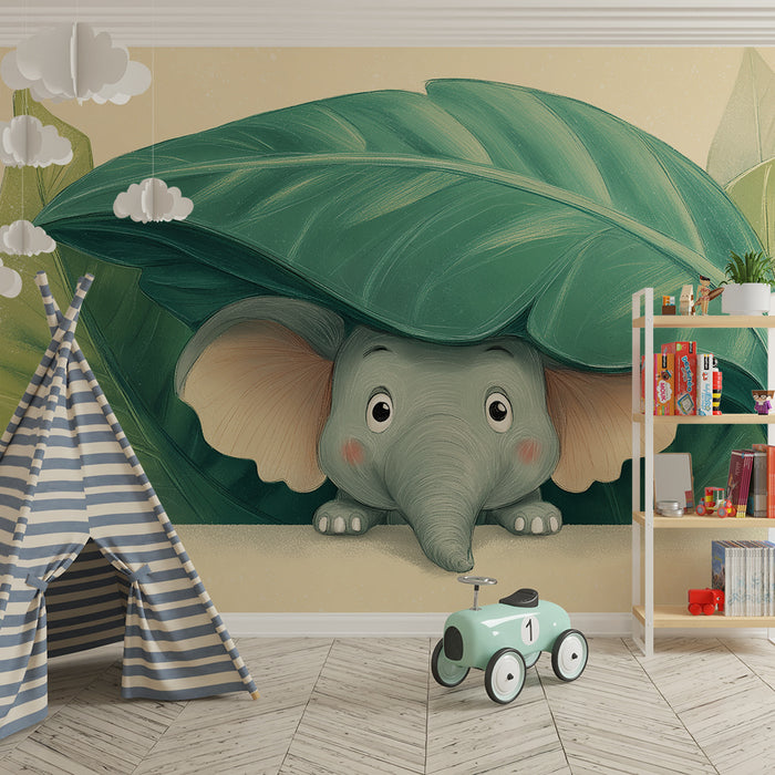 Nursery room wallpaper | Cute elephant hidden under a big leaf
