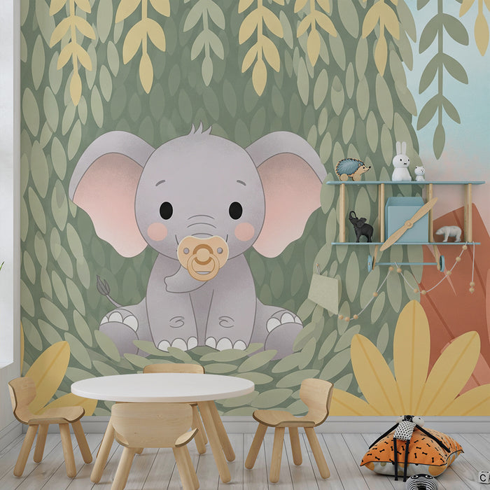 Papier peint chambre bébé | Éléphant mignon dans la jungle