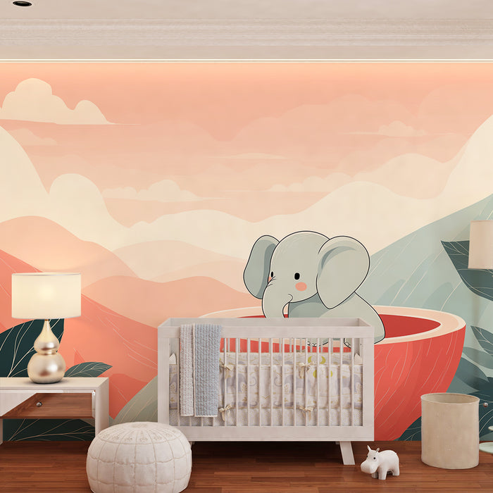 Nursery room wallpaper | Cute elephant in a bowl with a soft landscape