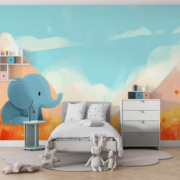 Papel de parede quarto bebê | Симпатичен слон в цветна пейзажна гледка