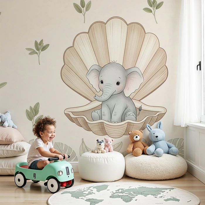 Papel de parede quarto bebê | Elefante fofo dentro de uma concha