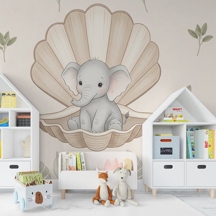 Papel de parede quarto bebê | Elefante fofo dentro de uma concha