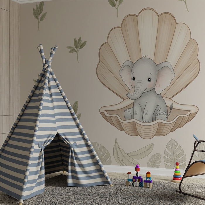 Papel de parede quarto bebê | Elefante fofo dentro de uma concha