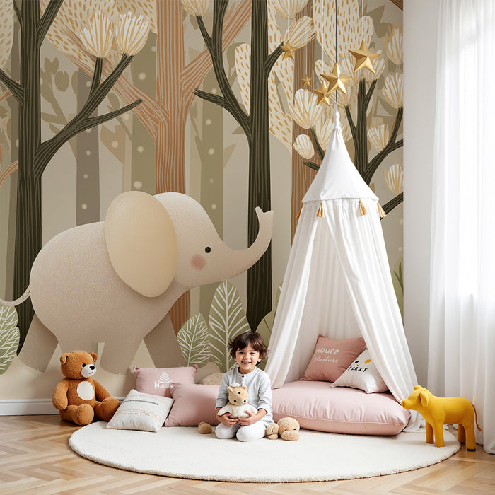 Papier peint chambre bébé | Éléphant mignon dans une forêt douce et apaisante