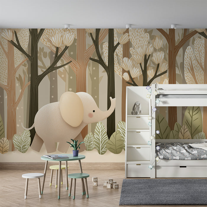 Papier peint chambre bébé | Éléphant mignon dans une forêt douce et apaisante