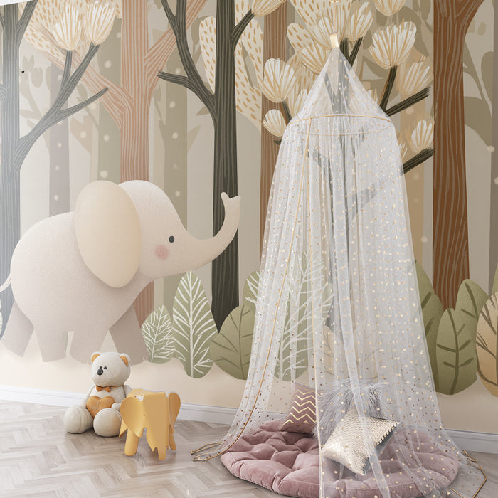 Papier peint chambre bébé | Éléphant mignon dans une forêt douce et apaisante