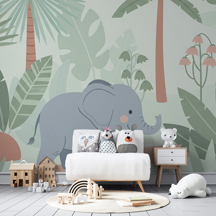 Tapet barnerom | Søt elefant i en tropisk jungel