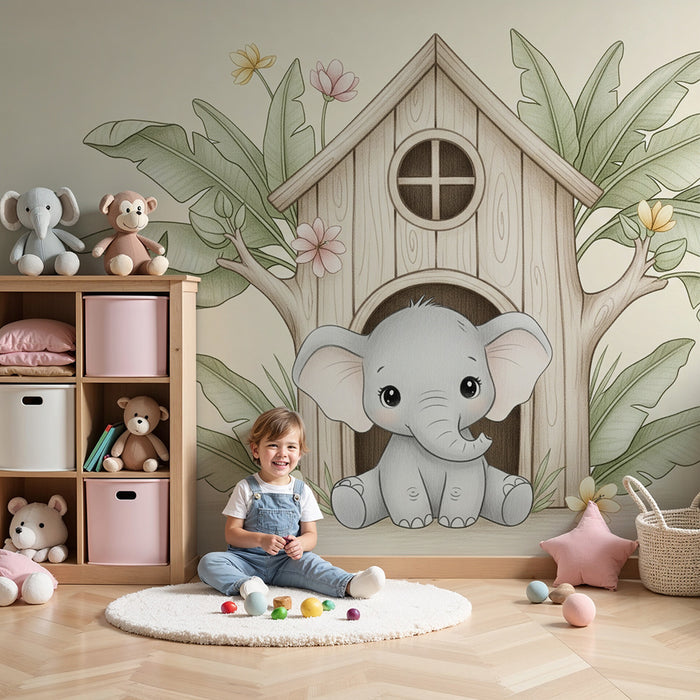 Papel de parede quarto bebê | Srčkan slon pred svojo kočo