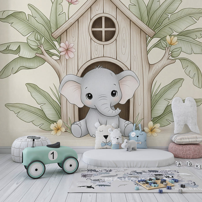 Papel de parede quarto bebê | Srčkan slon pred svojo kočo