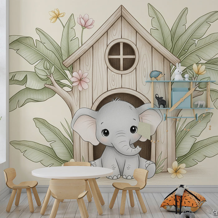 Papel de parede quarto bebê | Srčkan slon pred svojo kočo