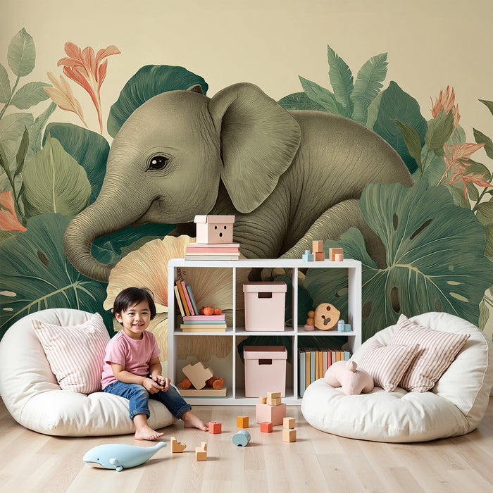 Papier peint chambre bébé | Éléphant mignon entouré de feuillage tropical