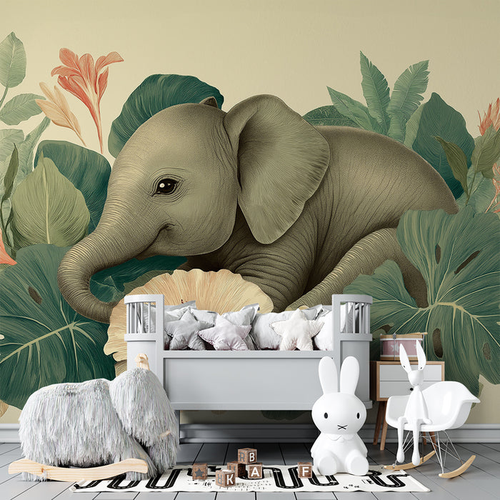 Papier peint chambre bébé | Éléphant mignon entouré de feuillage tropical