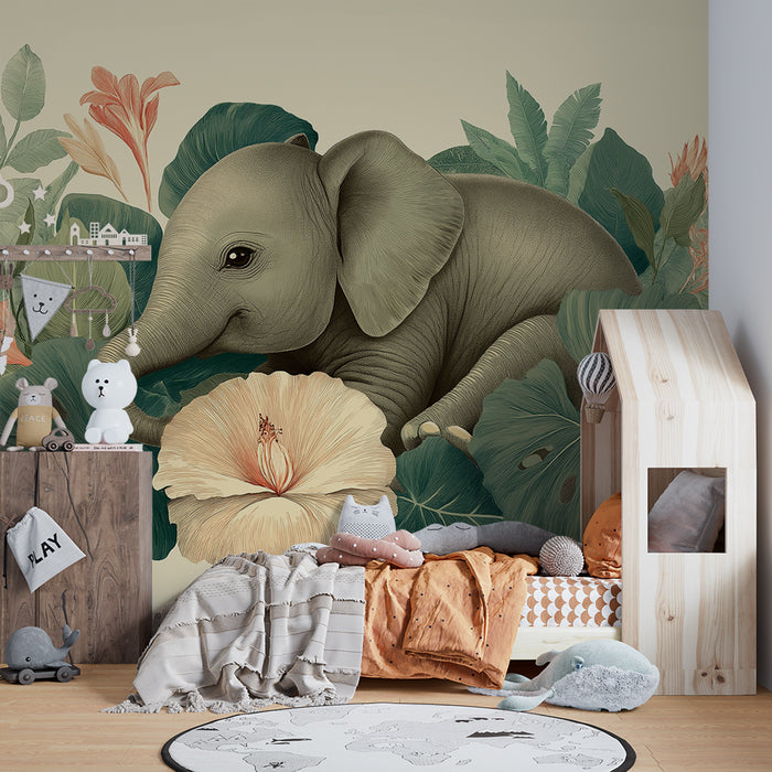 Papier peint chambre bébé | Éléphant mignon entouré de feuillage tropical