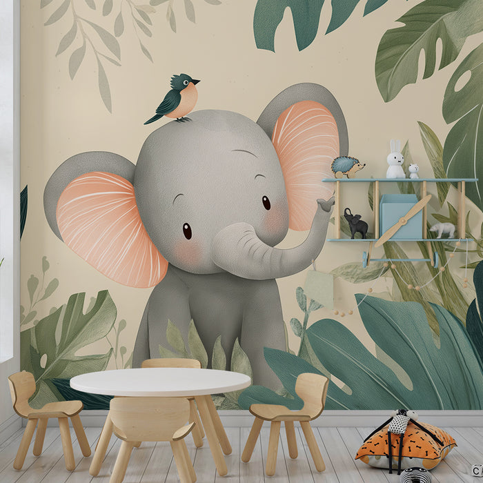 Barntapet | Söt elefant omgiven av tropiskt lövverk