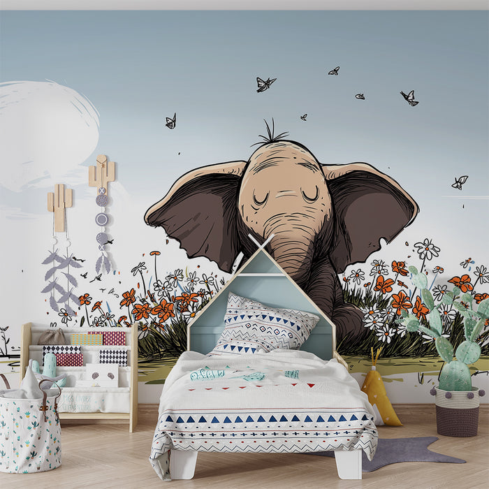 Barntapet | Söt elefant omgiven av färgglada blommor