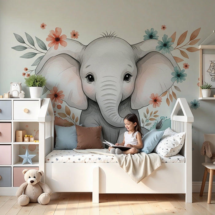 Barnrumspapper | Söt elefant omgiven av pastellblommor