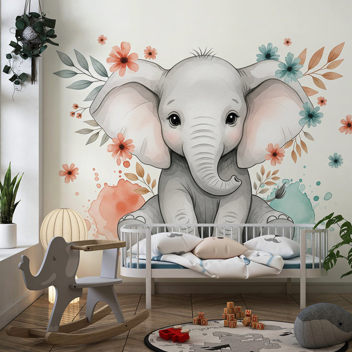 Barnrumspapper | Söt elefant omgiven av pastellblommor