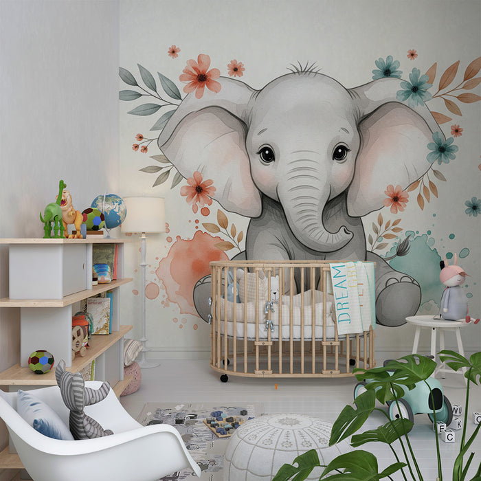 Barnrumspapper | Söt elefant omgiven av pastellblommor