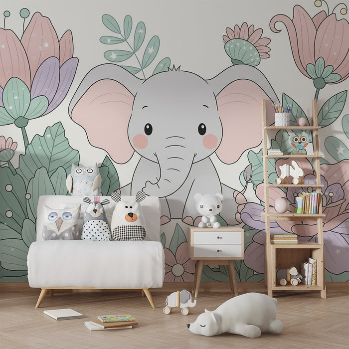 Tapéta baba szobához | Aranyos elefánt pasztell virágok között