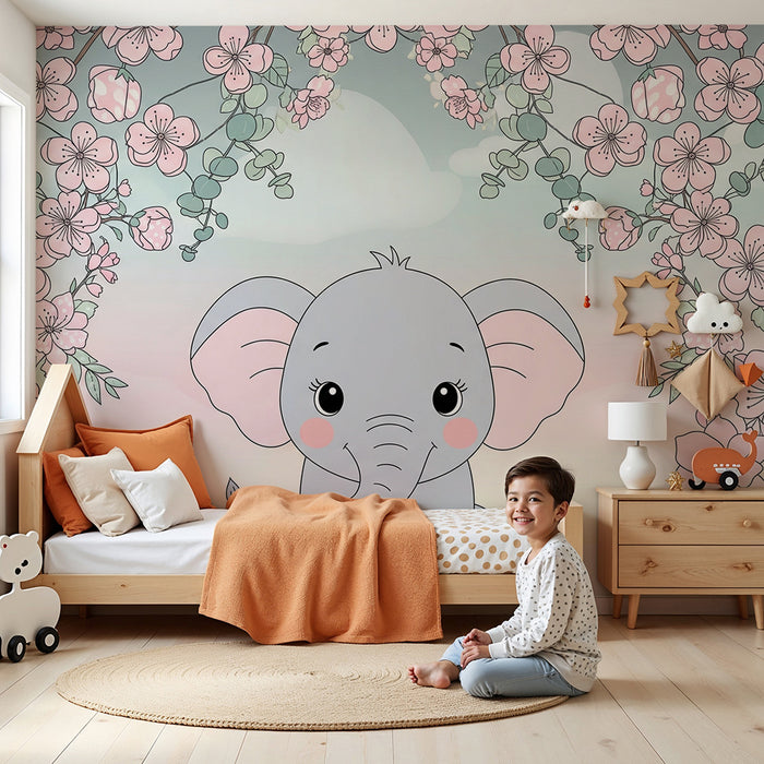 Papier peint chambre bébé | Éléphant mignon et fleurs délicates